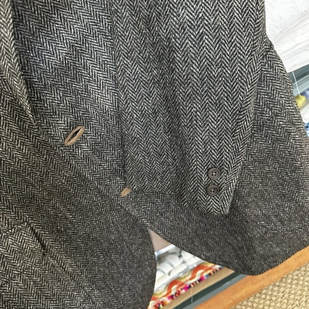 Daks Vtg Tweed‎ Jacket Mens Black 100% Wool Herringbone Blazer Leather Accents - Picture 6 of 14